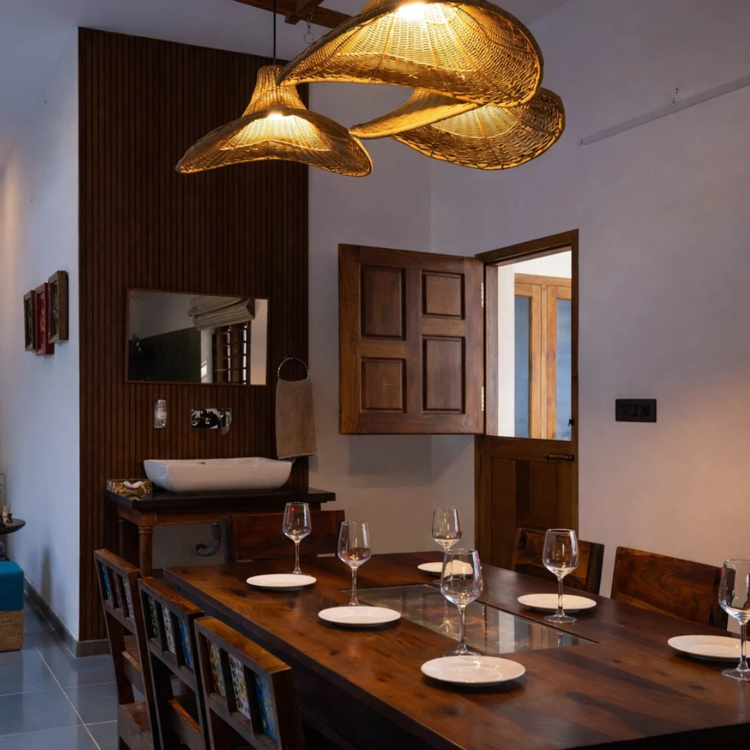 Fully equipped kitchen and dining area inside the luxury villa in Coorg