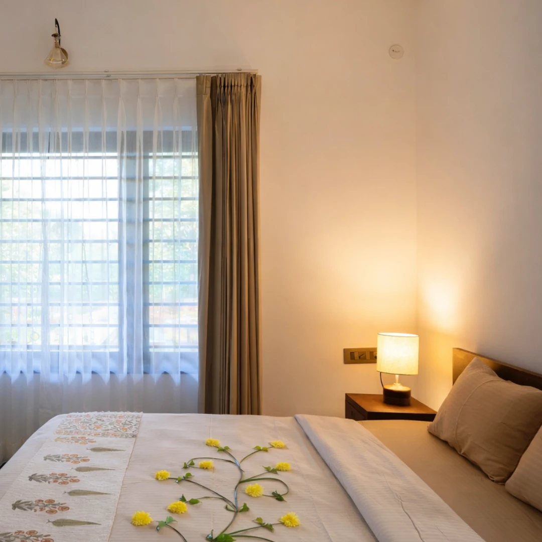 Spacious bedroom with elegant interiors at the Coorg villa