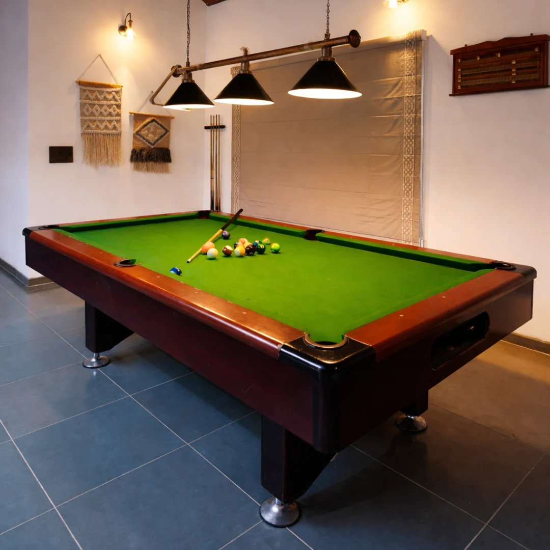Pool table and indoor recreation area at the private villa in Coorg