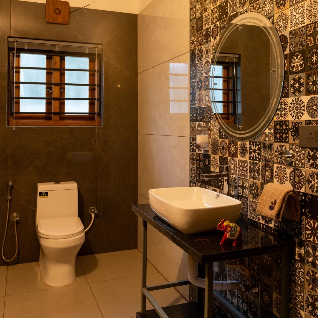 Traditional design details and interiors inside the private Coorg villa