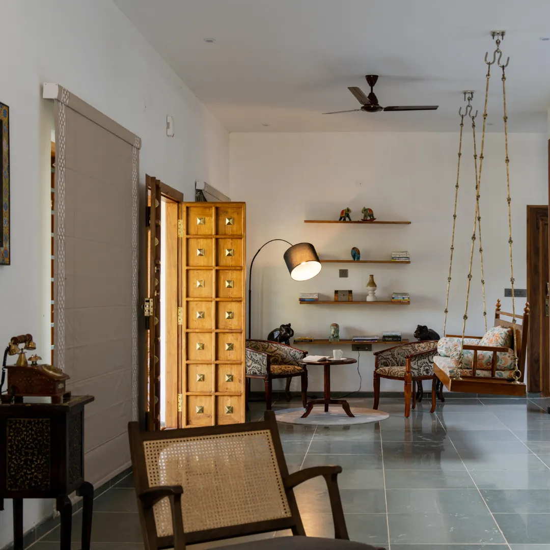Spacious villa living area filled with natural light in Coorg