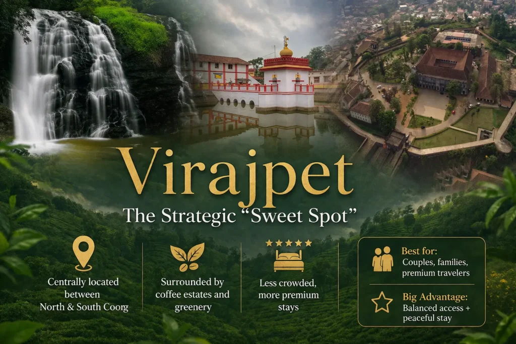 Madikeri sightseeing places including Abbey Falls Madikeri Fort Omkareshwara Temple and Raja Seat sunset in Coorg Karnataka